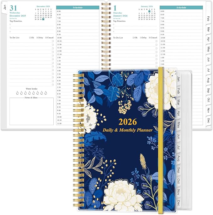 2026 Daily & Monthly Planner - One Page Per Day, Daily Planner from January 2026 - December 2026, Planner 2026 with 12 Monthly Tabs, 8.5" x 11", Blue Leaf Flower
