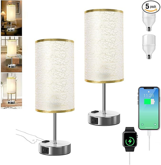 Table Lamp for Bedroom with Touch Control,Bedside Lamp with USB C+A Charging Ports& AC Outlets, Adjustable 3color LED Light for Home Decor/Nightstand/Bedroom/Office,Included Bulb and Fabric Lamp Shade