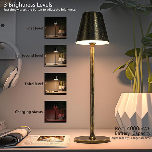 LED CordlessTable Lamp,4000mAh Rechargeable Battery Desk lamp,3 Level Brightness Night Light, Minimalist Design, for Couple Dinner/Coffee Table/Restaurant/Bedroom(Vintage Copper)