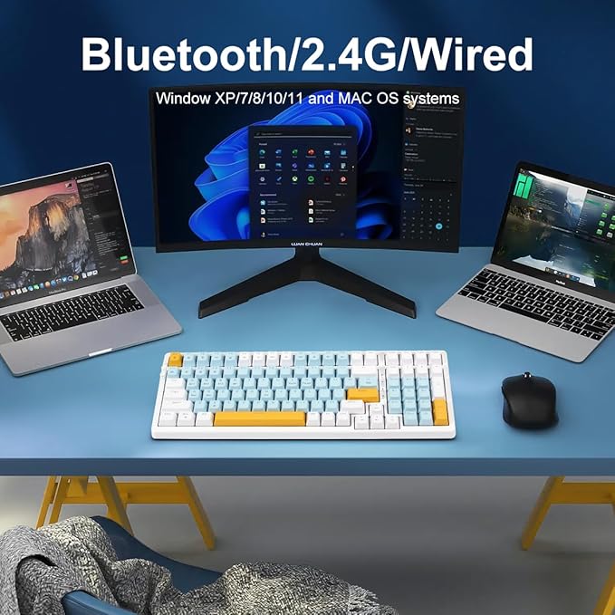 Wireless Mechanical Keyboard, Triple Mode 2.4G/USB-C/BT Gaming Keyboards 100 Keys Ice-Blue Backlit, Red Switch Keyboard | Rechargeable Mechanical Gaming Keyboards | Ice Blue/W/Y