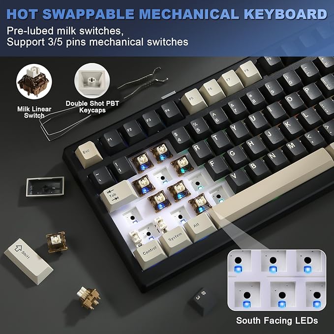 YUNZII YZ98 Gasket Mechanical Keyboard,99 Key Hot Swappable BT5.0/2.4G/USB-C Wireless NKRO 98% 1800 Layout with RGB LED Backlit for Linux/Win/Mac(Black, Cocoa Cream V2 Switch)