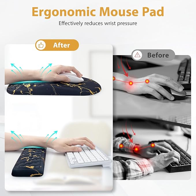 3 in 1 Ergonomic Wrist Rest for Keyeboard and Mouse, Non-Slip Desk Mouse Pad with Wrist Support, Keyboard Wrist Rest and Mouse Pad Set Massage Design (Black Marble)