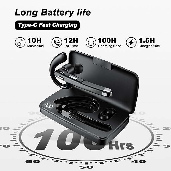 Bluetooth Headset, 100Hrs Talk Time Noise Canceling Wireless Earpiece with 500mAh Charging Case, Built-in Dual Microphone 270ยฐ Rotatable Hands Free Headphones for Trucker/Office/Business/Home/Driving