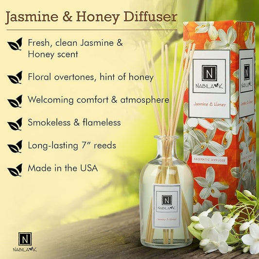 Nabila K Jasmine & Honey Reed Diffuser Set – Mediterranean Floral & Sweet Aromatic Oil for Home – Long-Lasting, Smokeless Scent – Made in USA – Includes Reeds + Bottle – Flameless Candle Alternative