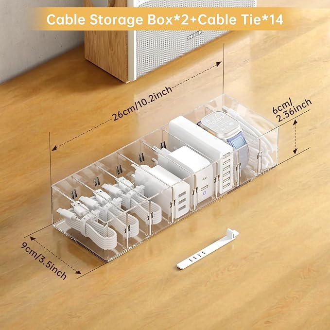 2 Pack Cable Storage Organizer Box with 8 Compartments and 14 Wire Ties, Stackable Charger Organizer, Clear Cord organizer for Drawer, Adjustable Divider Cord Management Box
