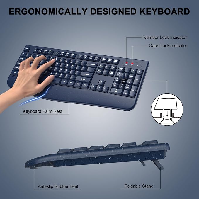 Wireless Keyboard and Mouse Combo, ULSOU 2.4G Full-Sized Ergonomic Computer Keyboard with Wrist Rest and 3 Level DPI Adjustable Wireless Mouse for Windows, Mac OS Desktop/Laptop/PC(Blue)