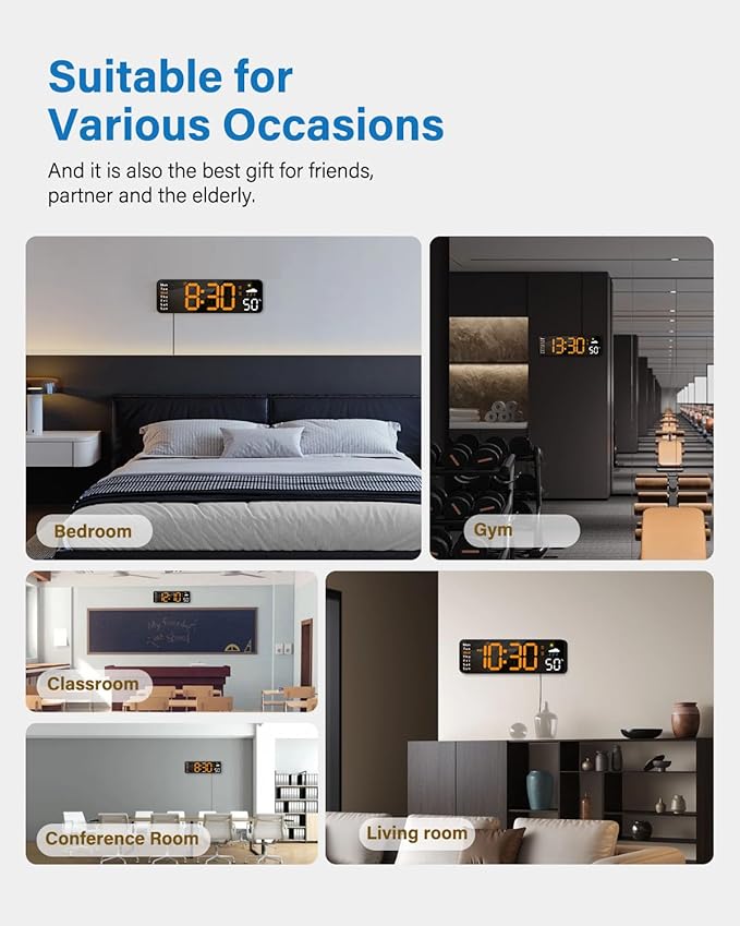 Digital Wall Clock, Digital Clock Large Display with Remote Control, Corded LED Alarm Clocks with Date, Week, Temp, Humidity, Auto DST, Countdown, for Living Room Bedroom Classroom Office (Orange)