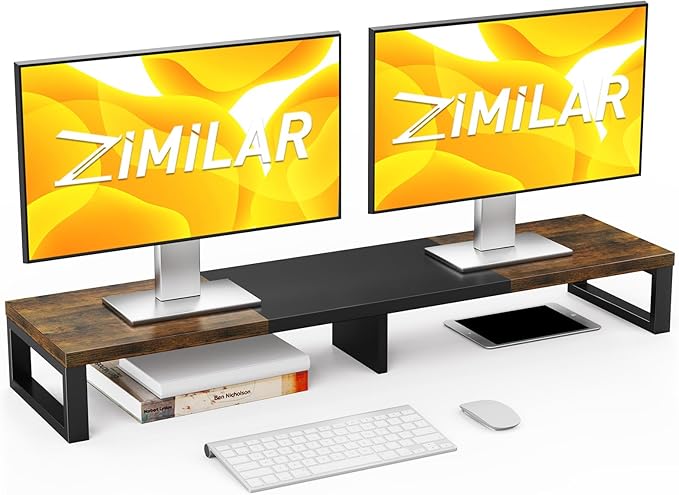Zimilar Dual Monitor Stand Riser, Large Monitor Stand for Desk, Wood Monitor Riser with Storage Organizer for Home Office, Monitor Stands for 2 Monitors, Desktop Wooden Monitor Riser for Computer