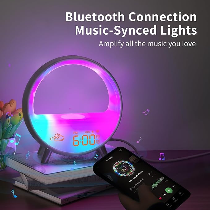 MOMILLA Smart Alarm Clock with Wireless Charging Station, Wake up Light w/Bluetooth Speaker, Compatible with Airpods/iPhone, APP Control White Noise Sound Machine, Sunrise Alarm Clocks for Bedrooms