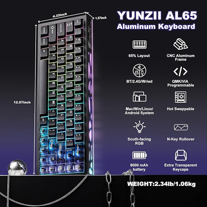 YUNZII AL65 Wireless Mechanical Keyboard, Full Aluminum CNC,Support QMK/VIA Software Gasket Structure,60% Hot Swappable with RGB Backlit BT/2.4G/USB-C for Mac/Windows(Black, Milk V2)