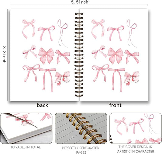 Coquette Pink Bow Notebook Journal, Preppy Aesthetic Journal Notebook for Work Note Taking,Pink Girly Notebook,Preppy Gifts for Women,Pink Office Supplies,Spiral Notebook 5.5x8.3 Inch