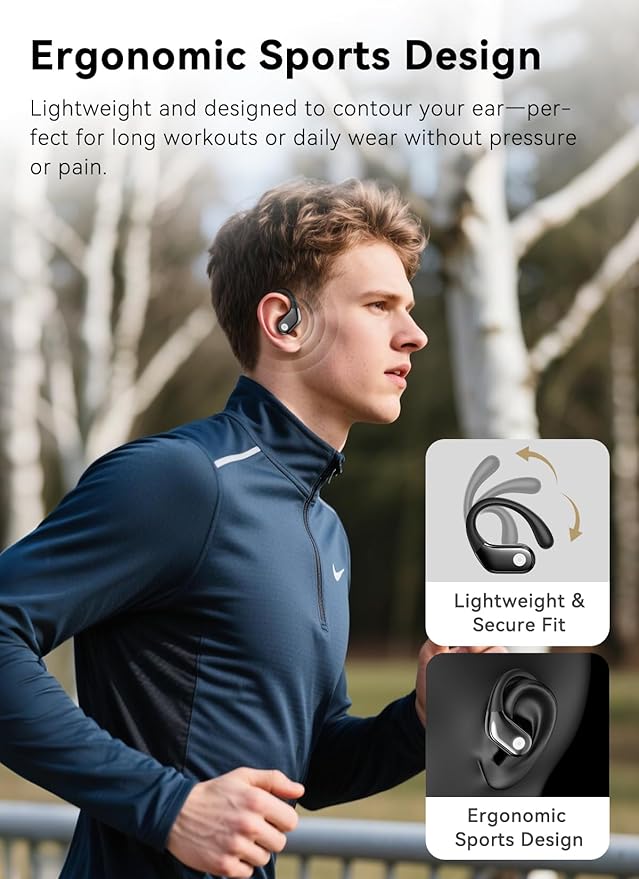 Wireless Earbuds, ENC Noise Cancelling Sport Ear Buds with Multifunctional Touch Screen, Bluetooth 5.4 Headphones, Bass Stereo Sound, 5 EQ Over The Ear Earbuds for Sports/Workout/Gym-Black