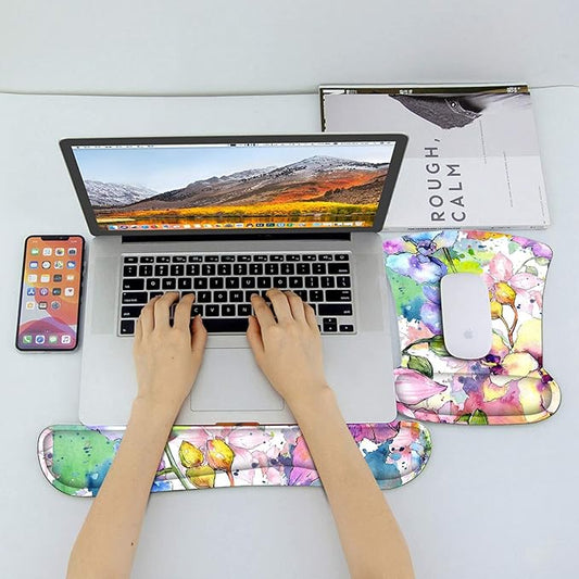 RICHEN Keyboard Wrist Rest Pad and Mouse Wrist Rest Support Mouse Pad Set,Sturdy & Comfortable & Lightweight for Easy Typing & Pain Relief-Ergonomic Support (Watercolor Flowers)