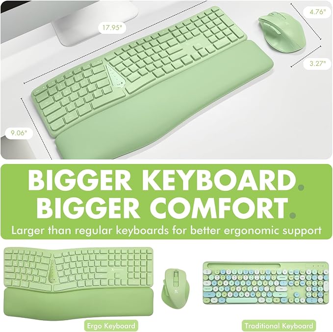 X9 Green Ergonomic Keyboard Mouse Wireless Combo - Type Comfortably Longer - 2.4G/Bluetooth Split Keyboard, Multi-Device, Soft Wrist Rest, Rechargeable, Silent Ergo Keys - Laptop, PC, Mac,iOS,Android