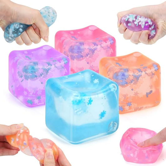 Ice Cube Fidget Toy for All Ages: 4 Pack Soft Cubes Sensory Fidget Ice Cube Stress Ball Squishy Cube Stress Relief Toys for Kids, Teens and Adults Party Favors, Birthday Gift for Kids Age 3+