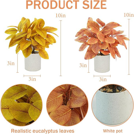 2PCS Fall Artificial Potted Plants Small Plastic Eucalyptus Plants Fall Decorations for Home Autumn Office Desk Farmhouse Room Decor