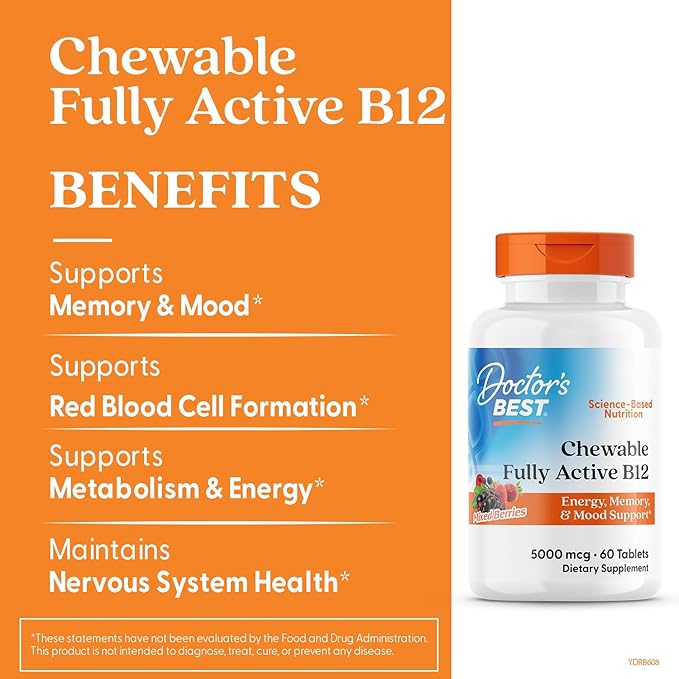 Doctor's Best Chewable Fully Active Methyl B12, Methylcobalamin, Energy, Memory, & Mood Support, Non-GMO, Gluten Free, Soy Free, Vegan 60 Tablets
