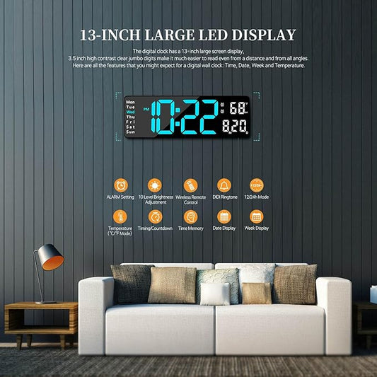 Digital Clock, Digital Wall Clock for Living Room Decor, Desk Alarm Clock for Bedroom, Large Wall Clock with Remote Control, Automatic Brightness Dimmer LED Clock with Date Temperature Week (Blue-B)
