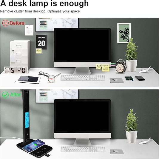 Desk Lamp with Wireless Charger, USB Charging Port, Dimmable Office Desk Light with Clock, Alarm, Date, Temperature, Foldable Lamp for Table Bedroom Bedside Office (Black)