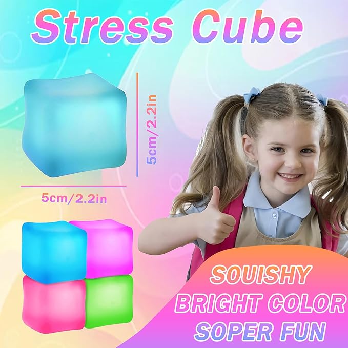 4Pcs Stress Cube Squishy Toys, Slow Rising Ice Cube Stress Balls, Sensory Fidget Toys for Anxiety Relief, Sensory Ice Nee Cube Gel Filled Squishy Ball Toys for Kids Adults(Green, Blue, Purple, Pink)