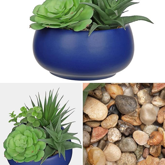 Fake Plants Artificial Succulents in Pots Faux Succulent Arrangement Potted Plant with Blue Ceramic Pot for Home Decor Modern Office Desk Bathroom Shelf Living Room Indoor & Outdoor Decoration