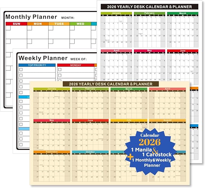 2026 Calendar 3-Pack: 2 Double-Sided Yearly Wall Calendars (Vertical/Horizontal) + 1 Laminated Monthly & Weekly Wet Erase Planner - 11x17 Inch Reversible Desk Calendar for Office, School, Home