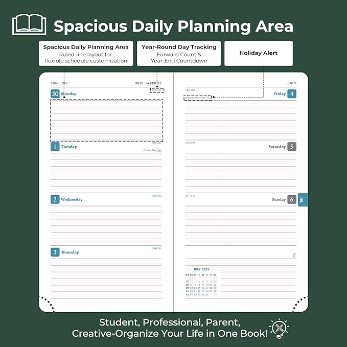 Weekly Monthly 2025-2026 Planner (July 25-Dec 26),6.5"x3.75",18 Months Agenda Plan with Month Tabs & Pocket,Expenses/Note Pages, Academic Calendar with Vegan Leather Cover,Green