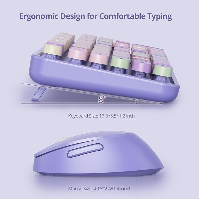 GTSP Typewriter Colorful Purple Keyboard and Mouse Wireless, 2.4GHz Full-Size Retro Cute Office Computer Keyboard with Round Keycaps for Desktop Laptop and PC (Colorful Purple)