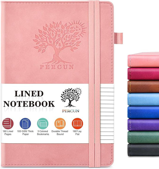 PERCUN Lined Journal Notebook for Men & Women, 160 Pages College Ruled Journal for Writing, A5 Hardcover Leather Notebooks for Work, School, Business, Travel, Daily Diary 5.9" x 8.5" - Pink