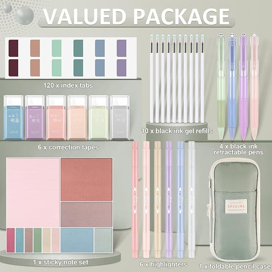 Janlaugh 38 Pcs Aesthetic College School Supplies with Pen Case Sticky Notes Gel Pens Highlighters Correction Tapes Back to School Stationery Kit(Morandi Color,Cute)