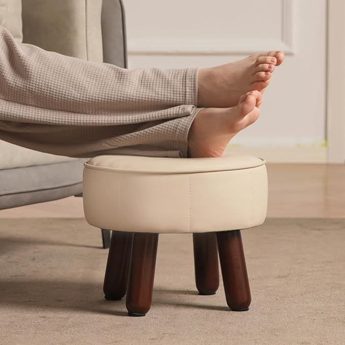 13in Small Foot Stool Ottoman, Round Faux Leather Foot Rest for Couch, Under Desk Pouf Footstool Footrest with Non-Skid Rubber Legs for Ling Room, Bedroom, 13''L x 13''W x 10.2''H, Beige