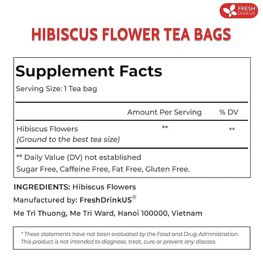 FreshDrinkUS Premium 30 Hibiscus Tea Bags, 100% Natural & Pure, Loose Flower Herbal Tea, No Sugar, Caffeine, Gluten, Vegan