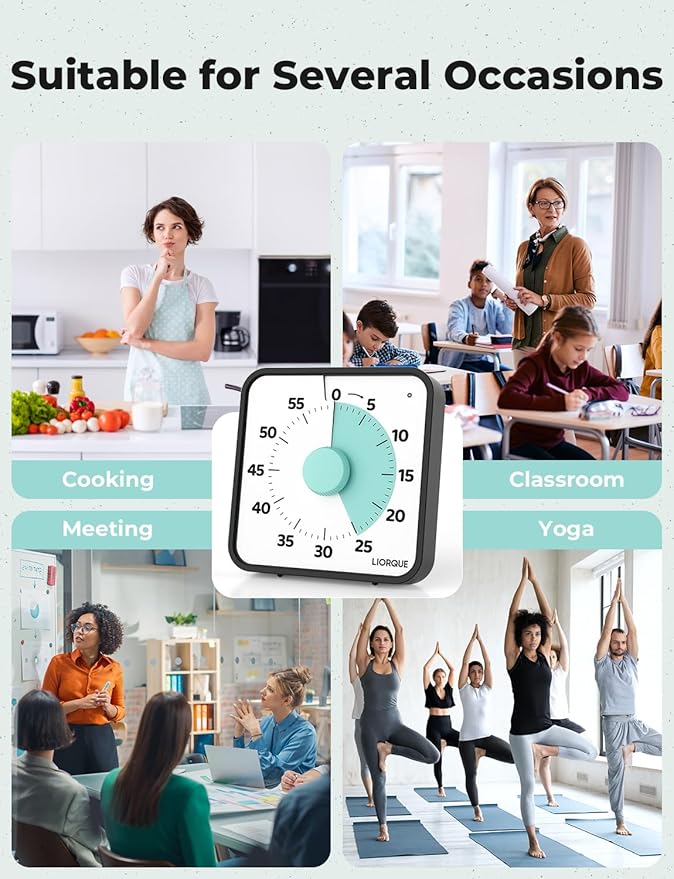 LIORQUE 60 Minute Visual Timer for Kids and Adults, Non-Ticking 7.5 Inch Large Visual Countdown Timers for Classroom Desk Countdown Clock with Magnetic Backing, Kids Pomodoro Timer Clock