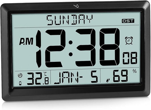 SZELAM Atomic Clock,10.5"Large Display Digital Wall Clock Battery Operated,Digital Calendar Auto Setting Desk Clocks with Indoor Temperature,Humidity,Date,Day,Auto DST for Elderly Bedroom-No backlight
