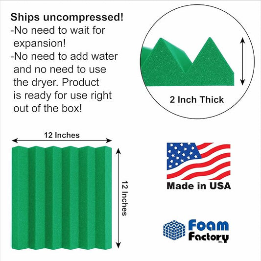 Foam Factory Inc 24 Pack Color Acoustic Foam Panel Studio Soundproofing Wedge Wall Tiles 12” X 12” X 2” (Kelly Green)