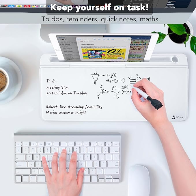 Varhomax Glass Desk Whiteboard with Built-in Mirror, Desktop Organizer Dry Erase White Board with Storage, to Do List Memo Notepad for Home Office and School Supplies