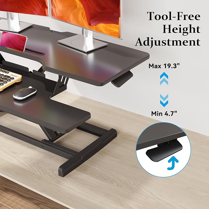 42 inch Standing Desk Converter, Height Adjustable Desktop Standing Desk with Keyboard Tray for Two Monitors, Sit to Stand up Desk Riser Computer Workstation for Home Office, Black