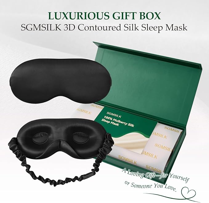 100% 22 Momme Mulberry Silk Sleep Mask with Adjustable Strap, 3D Contoured Cup Silk Eye Mask for Sleeping, Total Black Out, Black