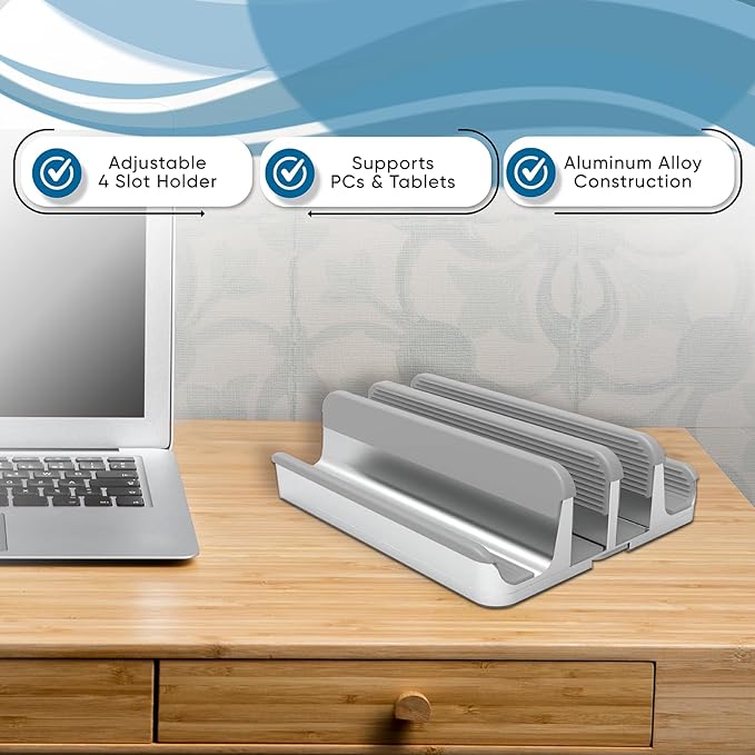 Elestoria 4 Device Vertical Laptop Stand – Adjustable Desktop Dock for MacBook, Dell, HP, Lenovo, iPad, Tablets & Phones – Multiple Slot Holder (Fits Up to 17.3") – Silver