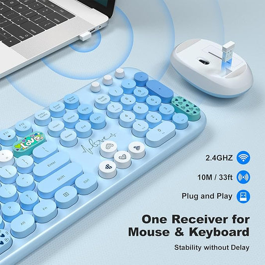 MOFII Wireless Keyboard and Mouse Combo, Full Size 2.4G Plug and Play Typewriter Retro Round Computer Keyboard and Mouse Set for Windows, Computer, Desktop, PC, Notebook - (Blue Colorful)