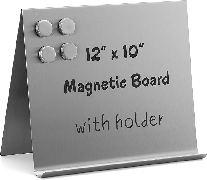 Large Magnetic Bulletin Board – Dry Erase Memo Board with Stand – Tabletop Metal Easel for Magnet Display – 12x10 Inches + 4 Magnets