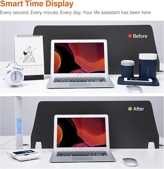 poukaran LED Desk Lamp with Wireless Charger, USB Charging Port, Office Table Lamp with Clock, Alarm, Date, Temperature for Home Office, White