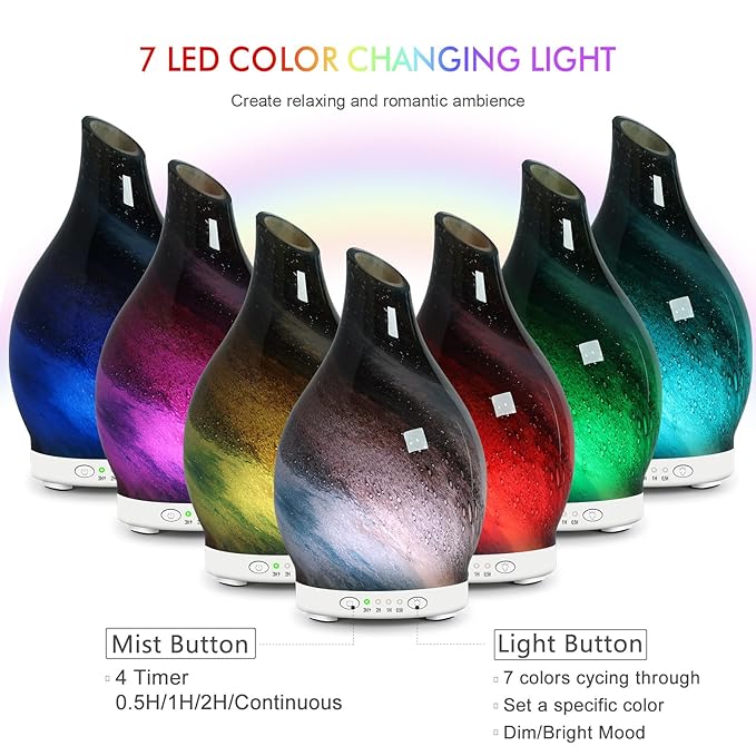 Aromatherapy Diffuser Essential Oil Diffuser - Glass Diffuser Ultrasonic Cool Mist Aroma Diffuser 120ml Scented Oil Diffuser with Auto-Off Protection & 7 Colors Night Light for Home Office Decor&Gift