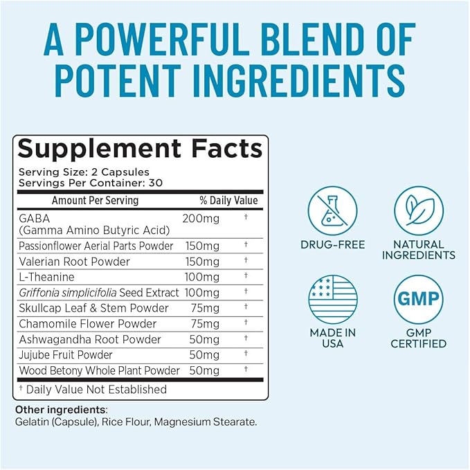 Stress Relief Supplement - Supports Mood & Mental Focus - Feel Calm and Relaxed - Eases Tension & Nervousness - Ashwagandha, GABA, Valerian & L-Theanine - 60 Capsules (Pack of 2)