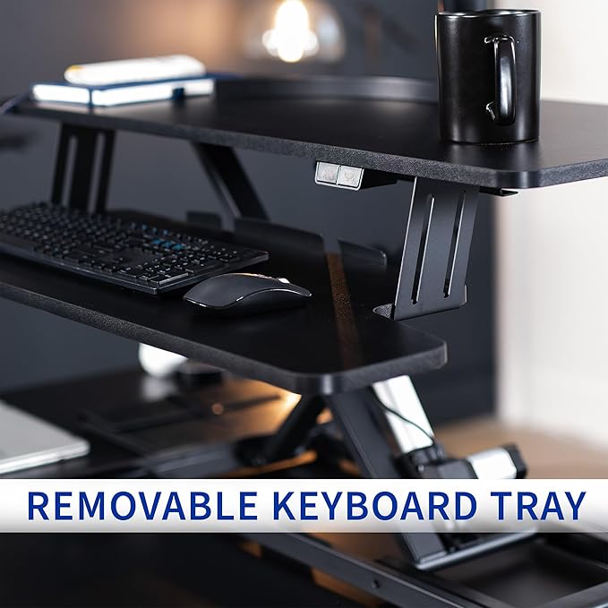 VIVO 36 inch Electric Motor Desk Converter, Height Adjustable Riser, Sit to Stand Dual Monitor and Laptop Workstation with Wide Keyboard Tray, Black, DESK-VE36B