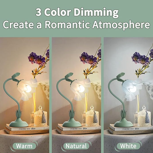 Women Bedside Table Lamps for Bedroom, Cute Flower Desk Lamp with Adjustable Flexible Gooseneck, 3 Color Temperatures Nightstand Lamp with E26 LED Bulbs, Floral Lamp for Living Room, Office,Reading