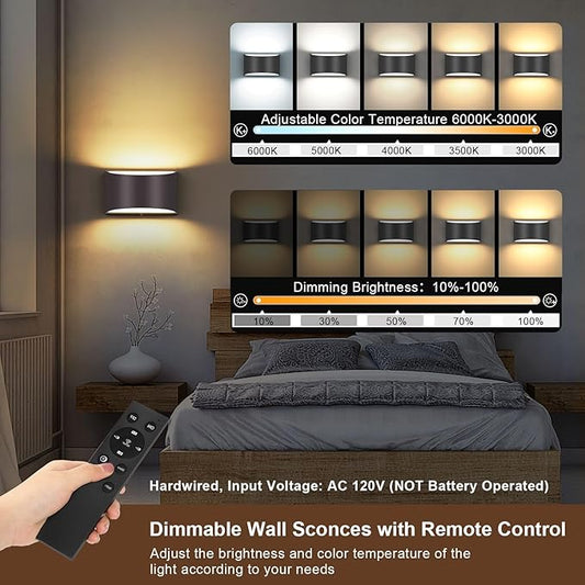 TRLIFE Modern LED Wall Sconces, Remote Control Dimmable and Adjustable Color Temperature 3000K~6000K Aluminum 12W Hardwired 120V AC Dimmable Wall Mounted Light for Bedroom Living Room(Black, 2 Pack)