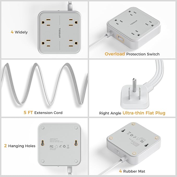 Surge Protector Power Strip, TESSAN 5 ft Extension Cord Flat Plug with 4 Widely Outlets, Indoor Desk Charging Station with Surge Protection for Home, Office Supplies, Dorm Room Essentials