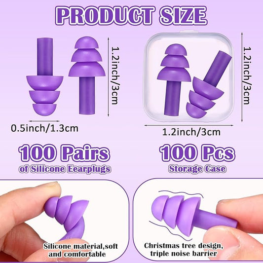 TrelaCo 100 Pairs Ear Plugs Bulk, NRR 29dB Reusable Silicone Ear Plugs with Plastic Cases Soft Foam for Sleeping Noise Cancelling for Concerts Shooting Swimming Noise Reduction(Purple)
