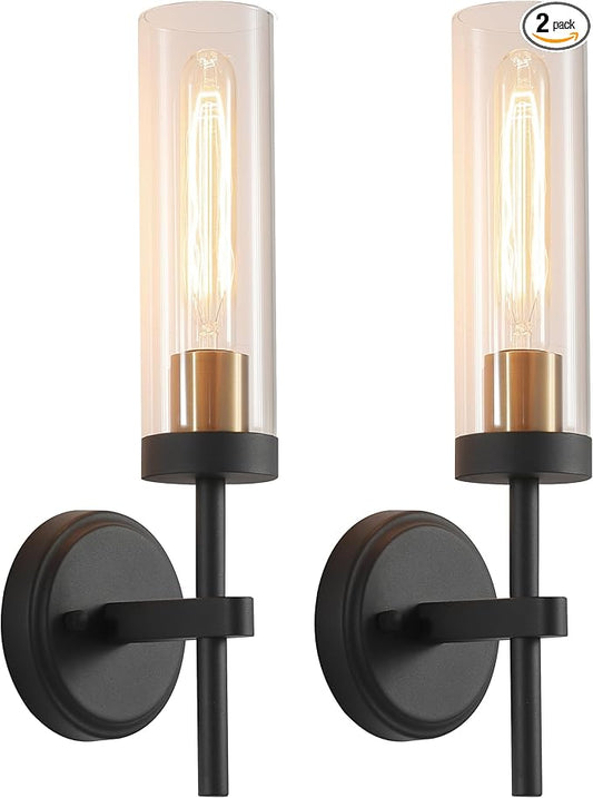 Wall Sconces Set of Two,Black Gold Bathroom Sconces Wall Lighting with Clear Glass, Modern Sconces Wall Decor Set of 2 Wall Light fixtures for Bathroom Mirror Living Room Hallway Bedroom Wall Lamp